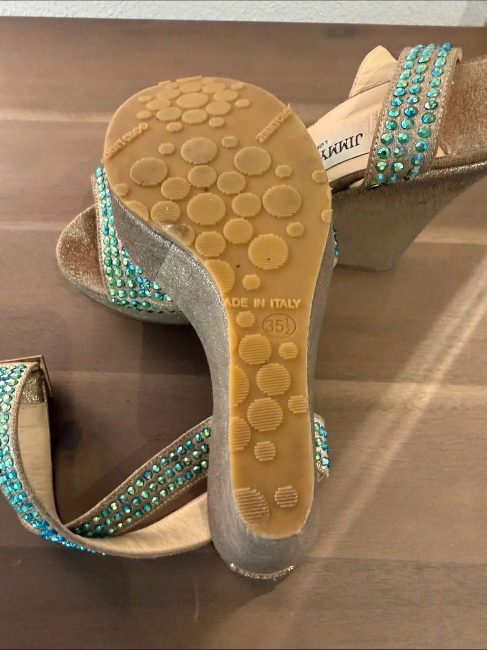 Jimmy Choo Gold Heeled Sandals with Aqua Crystal Accents VINTAGE